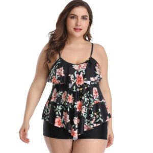 Women's Plus Size Black Tropical Frill Boyleg Bikini