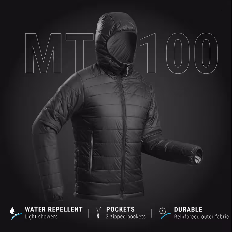 Men’s synthetic trekking padded jacket with hood MT100 -5°C - Black - Image 2